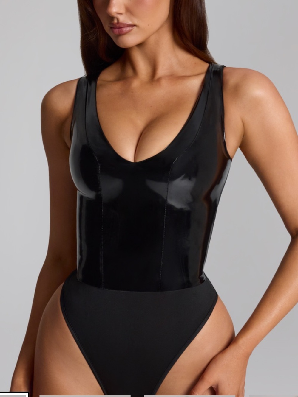 Oh Polly Black Glossy Scoop-Neck Bodysuit